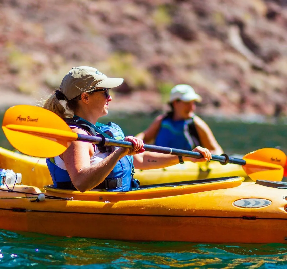Two people kayaking on a sunny day with orange paddles and wearing blue life jackets.