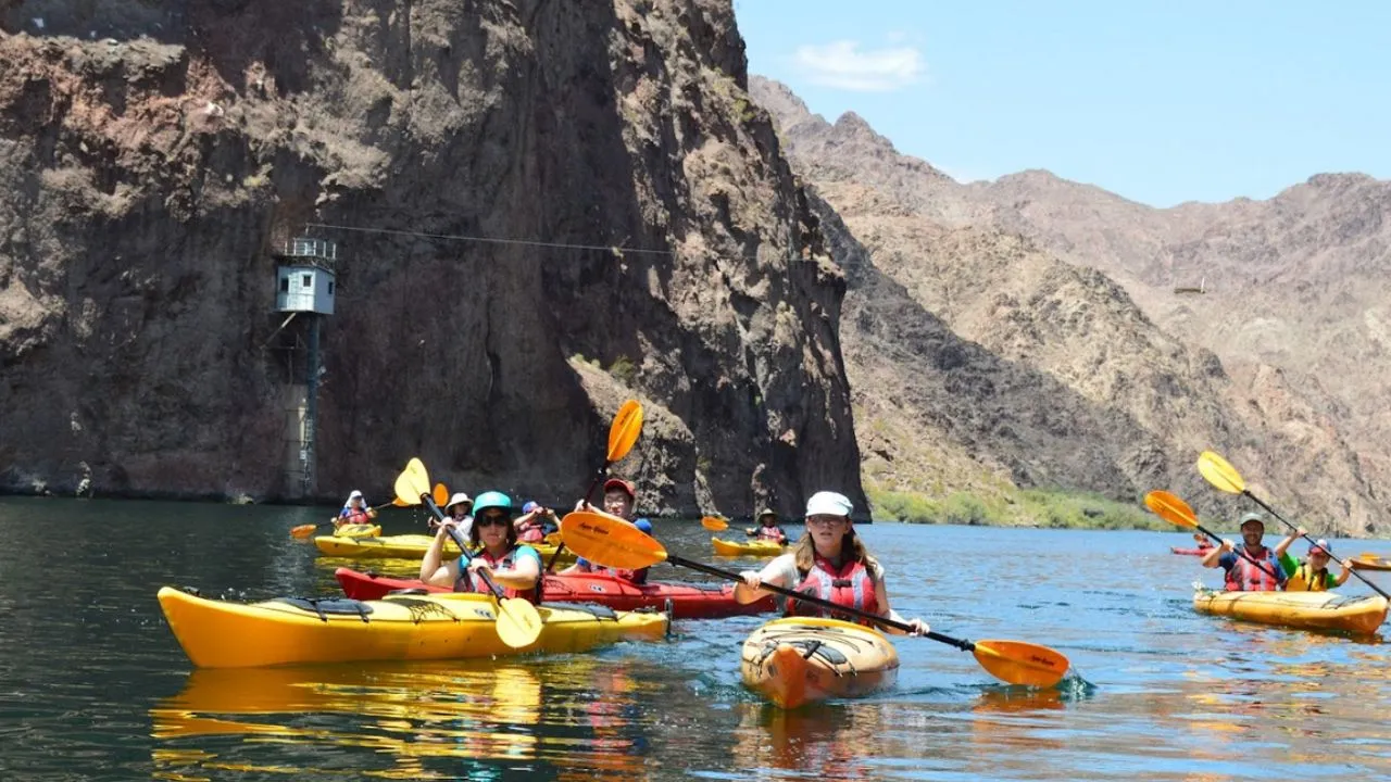 Guided group kayaking on the Colorado River near Hoover Dam