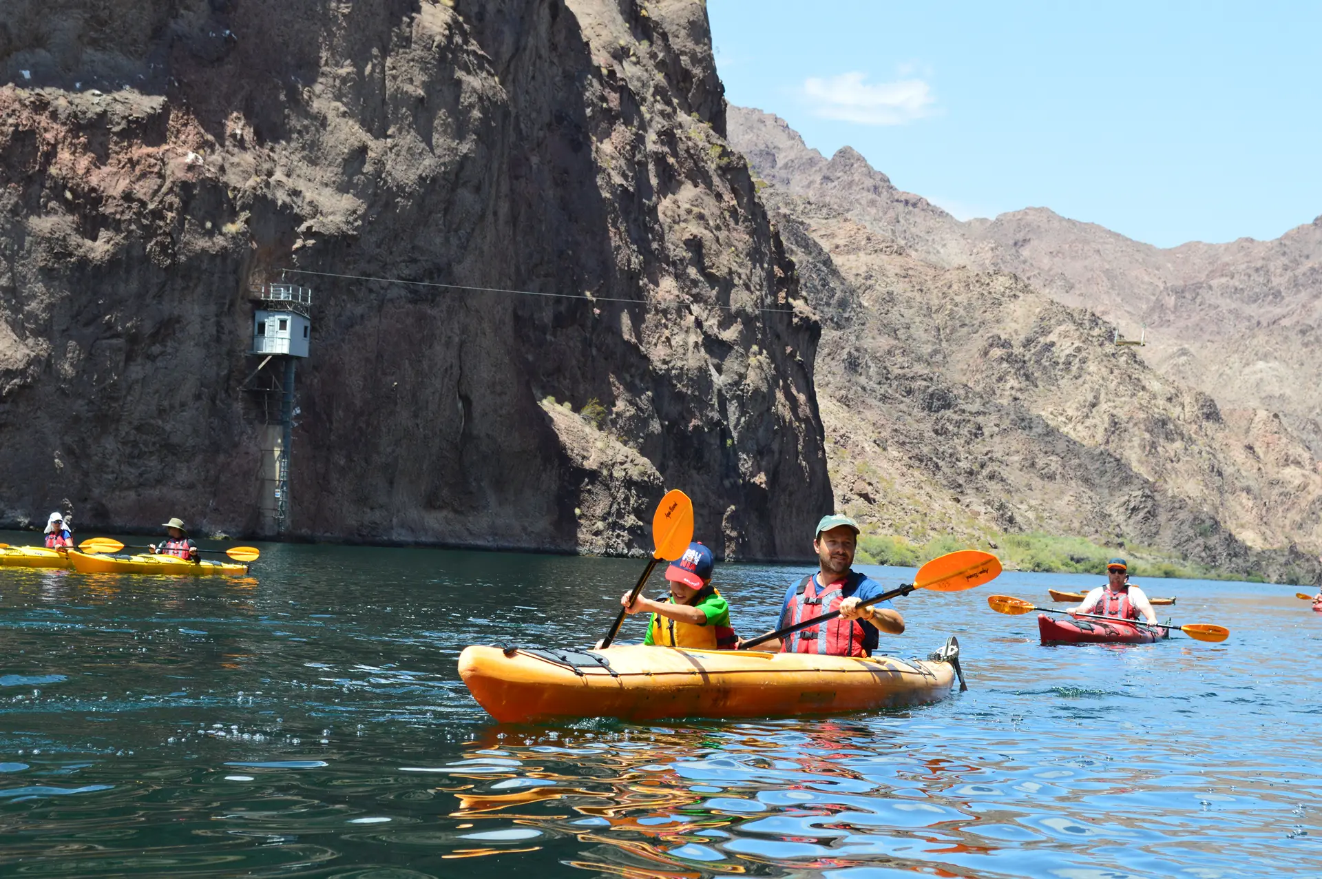 Kayakers paddling the Colorado River below Hoover Dam
