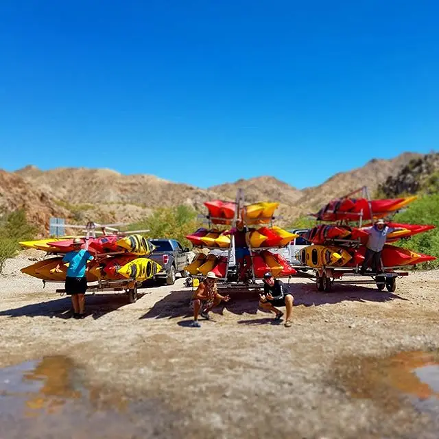 Kayaks ready for launch in the desert